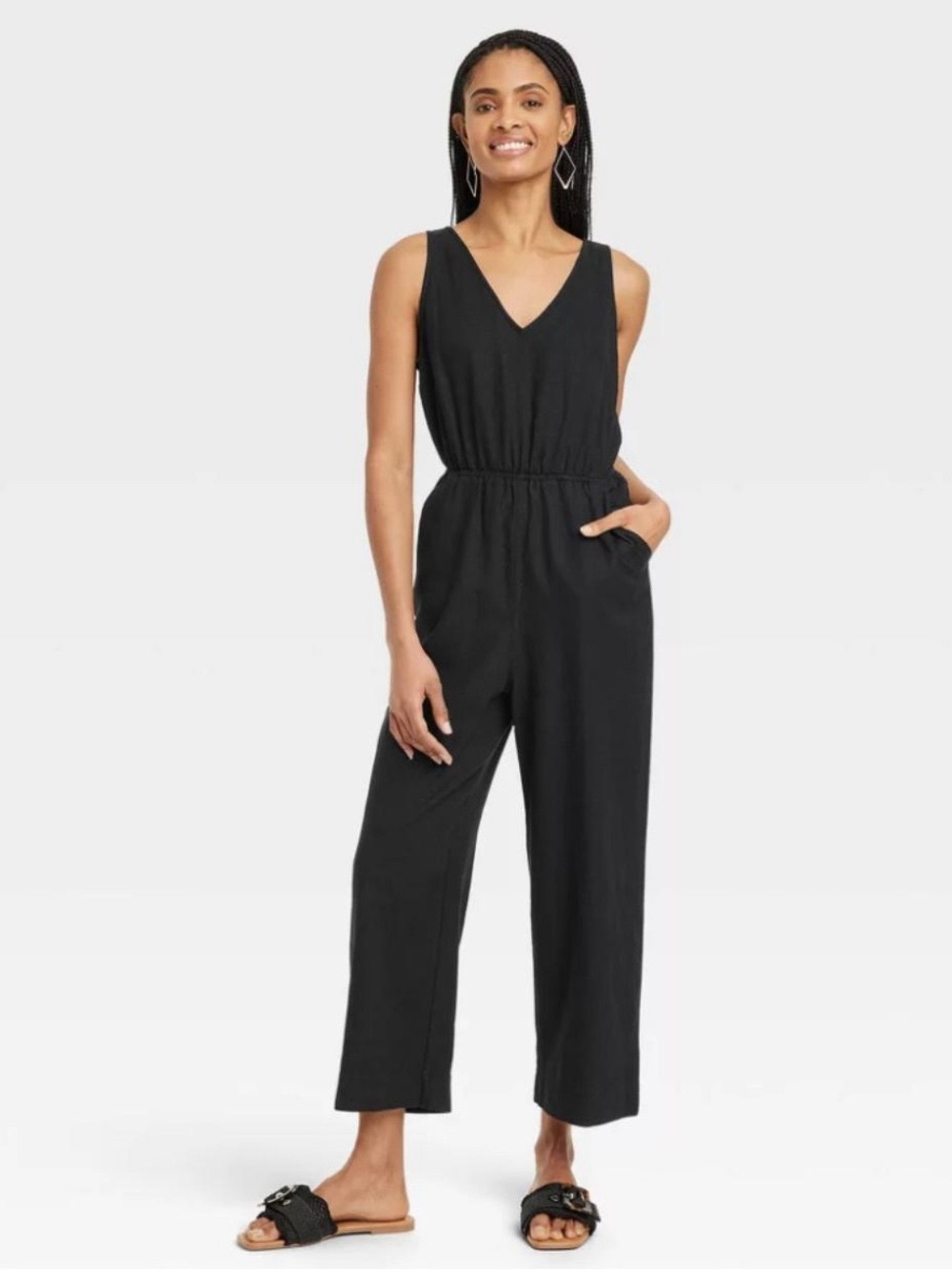 Universal Thread Charcoal Black Linen Sleeveless V-Neck Cutout Back Jumpsuit